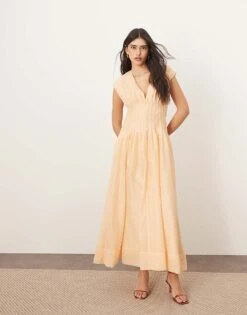 ARRANGE Organza Pleat Waist Maxi Dress With Tie Back Detail In Peach For Women -ARANG Clothing Shop 207359189 1 peach 1
