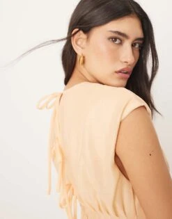 ARRANGE Organza Pleat Waist Maxi Dress With Tie Back Detail In Peach For Women -ARANG Clothing Shop 207359189 2