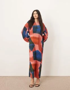ARRANGE Plisse Balloon Sleeve Maxi Dress In Abstract Print For Women -ARANG Clothing Shop 207359205 1 abstractprint 1