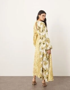 ARRANGE Crinkle Satin Long Sleeve Midi Dress With Trim In Colourblock Floral Print For Women -ARANG Clothing Shop 207359305 3