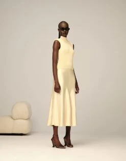 ARRANGE Knit Drop Waist Midi Dress With Satin Skirt In Buttermilk For Women Off White -ARANG Clothing Shop 207359315 1 offwhite 1