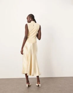 ARRANGE Knit Drop Waist Midi Dress With Satin Skirt In Buttermilk For Women Off White -ARANG Clothing Shop 207359315 3