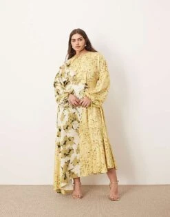 ARRANGE Curve Crinkle Satin Long Sleeve Midi Dress With Trim In Colourblock Floral Print For Women