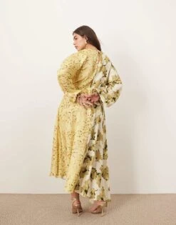 ARRANGE Curve Crinkle Satin Long Sleeve Midi Dress With Trim In Colourblock Floral Print For Women -ARANG Clothing Shop 207359388 3