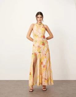 ARRANGE Racer Neck Raw Edge Panelled Maxi Dress In Peach Floral Print For Women Yellow Floral -ARANG Clothing Shop 207360769 1 yellowfloral 1