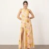 ARRANGE Racer Neck Raw Edge Panelled Maxi Dress In Peach Floral Print For Women Yellow Floral -ARANG Clothing Shop 207360769 1 yellowfloral