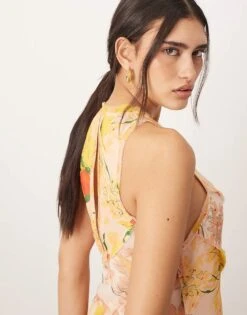 ARRANGE Racer Neck Raw Edge Panelled Maxi Dress In Peach Floral Print For Women Yellow Floral -ARANG Clothing Shop 207360769 2