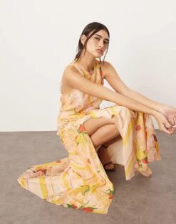 ARRANGE Racer Neck Raw Edge Panelled Maxi Dress In Peach Floral Print For Women Yellow Floral -ARANG Clothing Shop 207360769 3