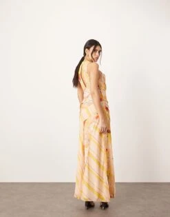 ARRANGE Racer Neck Raw Edge Panelled Maxi Dress In Peach Floral Print For Women Yellow Floral -ARANG Clothing Shop 207360769 4