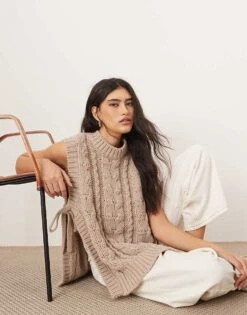 ARRANGE Cable Knit Sleeveless Jumper With Tie Detail In Oatmeal For Women -ARANG Clothing Shop 207375256 1 oatmeal 1
