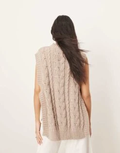ARRANGE Cable Knit Sleeveless Jumper With Tie Detail In Oatmeal For Women -ARANG Clothing Shop 207375256 4