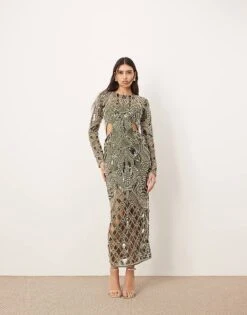 ARRANGE Embellished Metal Look Cage Cut Work Maxi Dress In Dark Green For Women