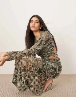 ARRANGE Embellished Metal Look Cage Cut Work Maxi Dress In Dark Green For Women -ARANG Clothing Shop 207384355 3