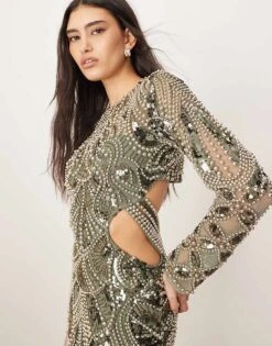 ARRANGE Embellished Metal Look Cage Cut Work Maxi Dress In Dark Green For Women -ARANG Clothing Shop 207384355 4