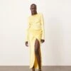 ARRANGE Sleek Satin Drape Maxi Dress With Open Back In Lemon For Women -ARANG Clothing Shop 207384375 1 lemon