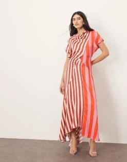 ARRANGE Cowl Neck Maxi Dress With Asymmetric Hem In Colourblock Stripe For Women