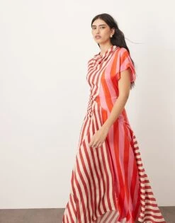 ARRANGE Cowl Neck Maxi Dress With Asymmetric Hem In Colourblock Stripe For Women -ARANG Clothing Shop 207384385 3