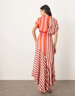 ARRANGE Cowl Neck Maxi Dress With Asymmetric Hem In Colourblock Stripe For Women -ARANG Clothing Shop 207384385 4