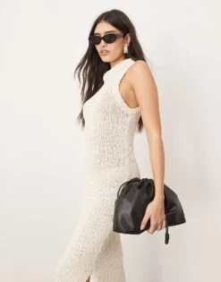 ARRANGE Boucle Open Knit Racer Maxi Dress In Off White For Women -ARANG Clothing Shop 207384395 1 offwhite 1