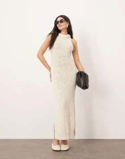 ARRANGE Boucle Open Knit Racer Maxi Dress In Off White For Women -ARANG Clothing Shop 207384395 4