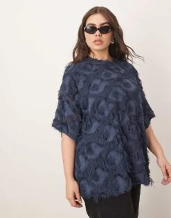 ARRANGE Curve Woven Textured Oversized T-shirt In Blue For Women -ARANG Clothing Shop 207384405 1 blue 1
