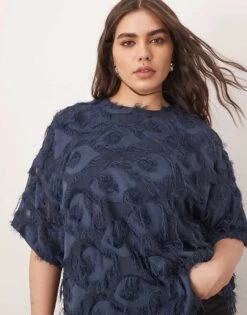 ARRANGE Curve Woven Textured Oversized T-shirt In Blue For Women -ARANG Clothing Shop 207384405 4