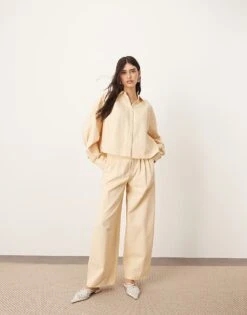 ARRANGE Structured Pleat Detail Wide Leg Barrel Trouser And Structured Boxy Shirt Co-ord In Buttermilk