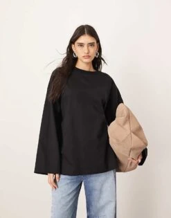 ARRANGE Cotton Oversized Long Sleeve T-shirt In Black For Women