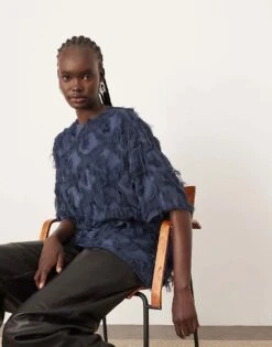 ARRANGE Woven Textured Oversized T-shirt In Navy For Women