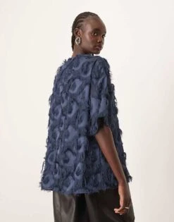 ARRANGE Woven Textured Oversized T-shirt In Navy For Women -ARANG Clothing Shop 207387699 4