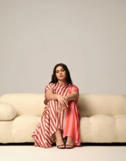 ARRANGE Curve Cowl Neck Maxi Dress With Asymmetric Hem In Colourblock Stripe For Women -ARANG Clothing Shop 207394323 1 colourblockstripe 1