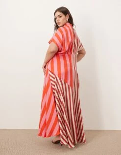 ARRANGE Curve Cowl Neck Maxi Dress With Asymmetric Hem In Colourblock Stripe For Women -ARANG Clothing Shop 207394323 3
