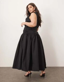 ARRANGE Curve Drop Waist Ruched Detail Funnel Neck Midaxi Dress In Black For Women -ARANG Clothing Shop 207394332 3