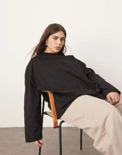 ARRANGE Curve Cotton Oversized Long Sleeve T-shirt In Black For Women