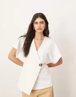 ARRANGE Wrap Top With Gold Trim Detail In Ivory For Women