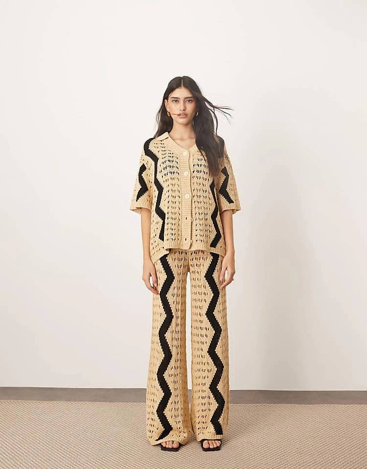 ARRANGE Knitted Oversized Shirt And Wide Leg Trouser Co-ord With Zig Zag In Camel And Black 4 ARRANGE Knitted Oversized Shirt And Wide Leg Trouser Co-ord With Zig Zag In Camel And Black - Image 2