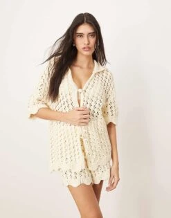 ARRANGE Open Knitted Shirt And Short Co-ord In Cream 7 ARRANGE Open Knitted Shirt And Short Co-ord In Cream -ARANG Clothing Shop 207420142 1 offwhite