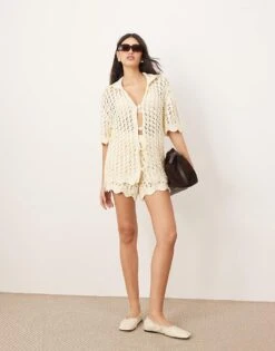 ARRANGE Open Knitted Shirt And Short Co-ord In Cream