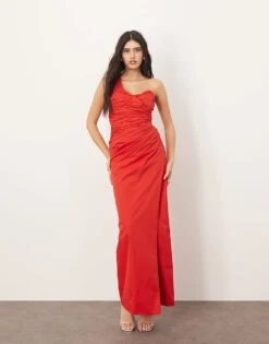 ARRANGE One Shoulder Sculpted And Draped Maxi Dress In Red For Women -ARANG Clothing Shop 207420143 1 red 1
