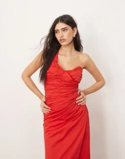 ARRANGE One Shoulder Sculpted And Draped Maxi Dress In Red For Women -ARANG Clothing Shop 207420143 2