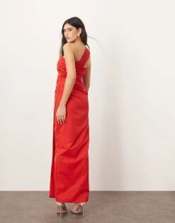ARRANGE One Shoulder Sculpted And Draped Maxi Dress In Red For Women -ARANG Clothing Shop 207420143 4