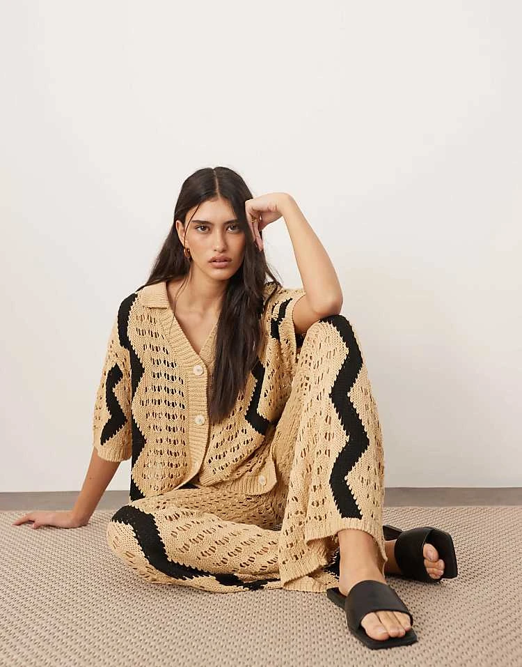 ARRANGE Knitted Oversized Shirt And Wide Leg Trouser Co-ord With Zig Zag In Camel And Black 5 ARRANGE Knitted Oversized Shirt And Wide Leg Trouser Co-ord With Zig Zag In Camel And Black - Image 3
