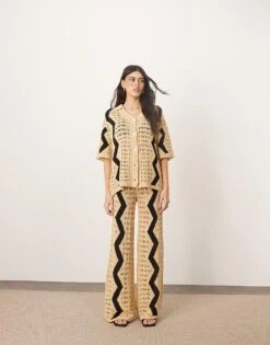 ARRANGE Knitted Oversized Shirt And Wide Leg Trouser Co-ord With Zig Zag In Camel And Black