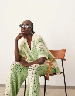 ARRANGE Knitted Vertical Stripe Oversized Shirt And Trouser Co-ord In Green -ARANG Clothing Shop 207420198 1 green