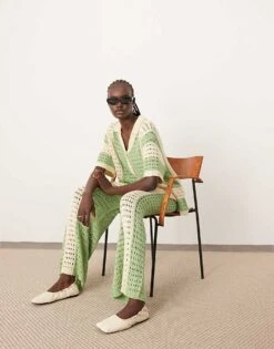 ARRANGE Knitted Vertical Stripe Oversized Shirt And Trouser Co-ord In Green