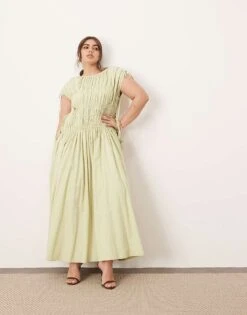 ARRANGE Curve Clean Cotton Drawstring Detail Trapeze Midi Dress With Pockets In Washed Sage For Women -ARANG Clothing Shop 207467635 1 washedsage 1