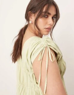 ARRANGE Curve Clean Cotton Drawstring Detail Trapeze Midi Dress With Pockets In Washed Sage For Women -ARANG Clothing Shop 207467635 3