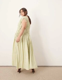 ARRANGE Curve Clean Cotton Drawstring Detail Trapeze Midi Dress With Pockets In Washed Sage For Women -ARANG Clothing Shop 207467635 4