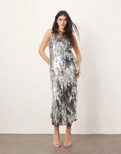 ARRANGE Geo Shard Sequin Low Back Column Midi Dress In Silver For Women -ARANG Clothing Shop 207515710 1 silver 1