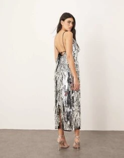ARRANGE Geo Shard Sequin Low Back Column Midi Dress In Silver For Women -ARANG Clothing Shop 207515710 2